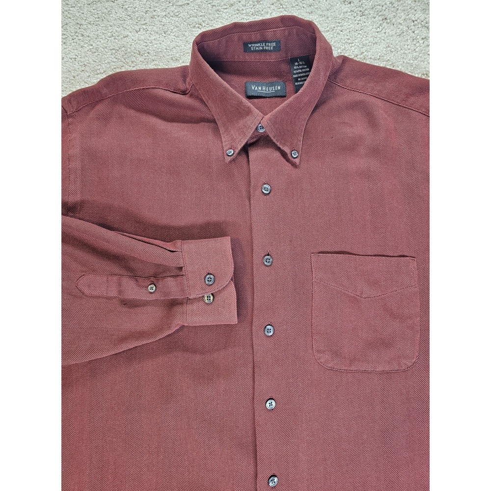 Van Heusen Wrinkle Free Button Up Shirt Mens L 16-16.5 Burgundy‎ Herringbone